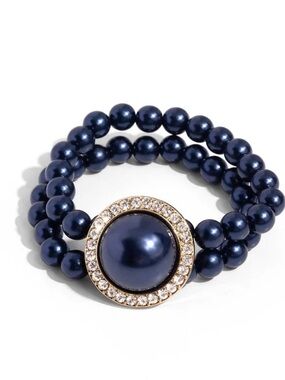 Navy Pearl Triple-Row Stretch Bracelet with Crystal Medallion